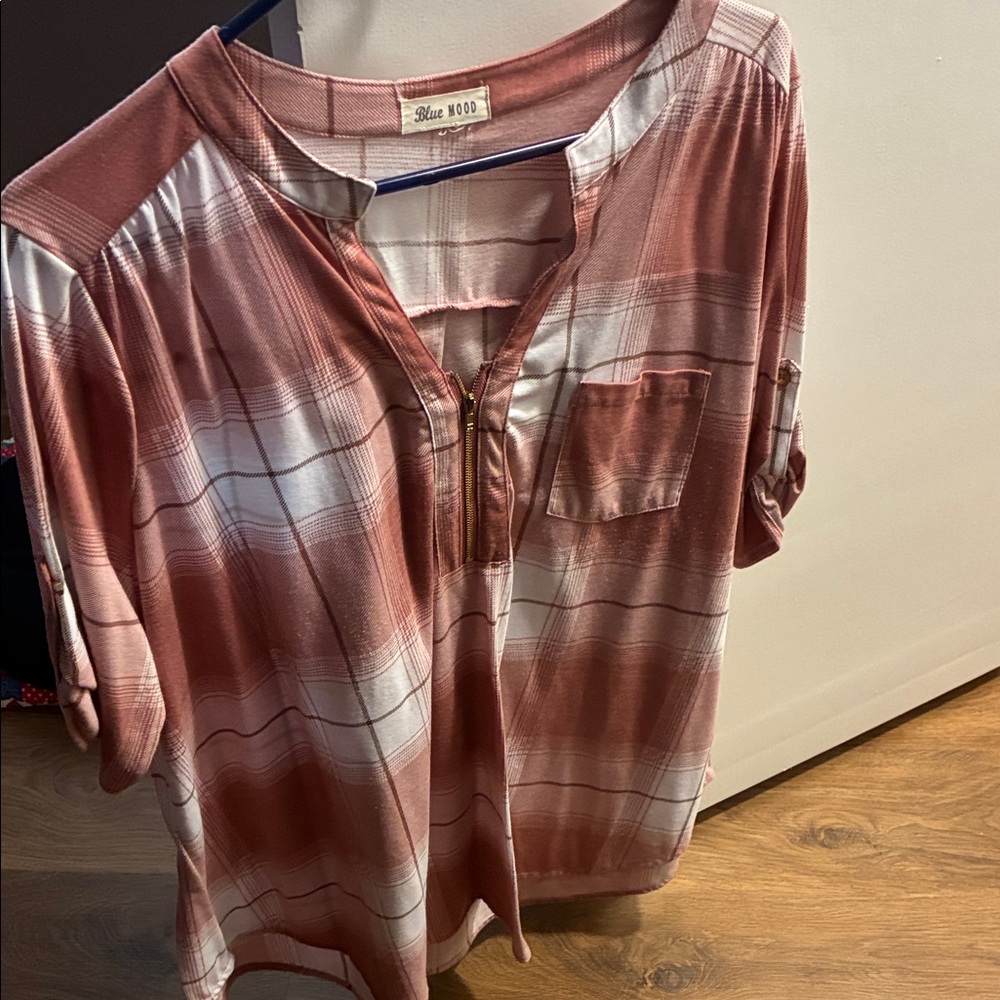 Blue Mood Women's Plaid Blouse - Pink and White